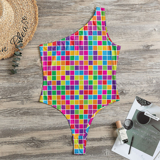 Rainbow Squares Pattern Print One Shoulder Bodysuit