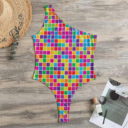 Rainbow Squares Pattern Print One Shoulder Bodysuit