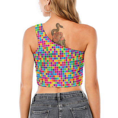 Rainbow Squares Pattern Print One Shoulder Crop Top