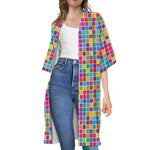Rainbow Squares Pattern Print Open Front Beach Cover Up