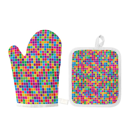 Rainbow Squares Pattern Print Oven Mitt And Pot Holder Set
