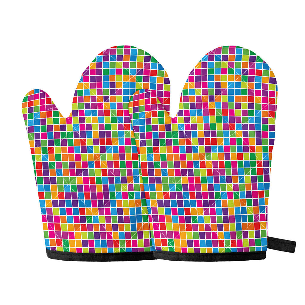 Rainbow Squares Pattern Print Oven Mitts