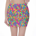 Rainbow Squares Pattern Print Pencil Mini Skirt