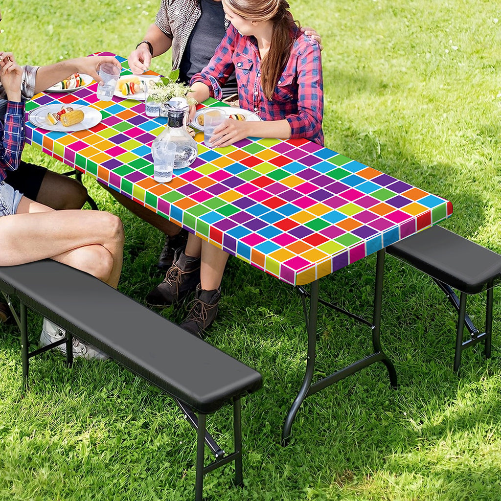 Rainbow Squares Pattern Print Picnic Table Cover