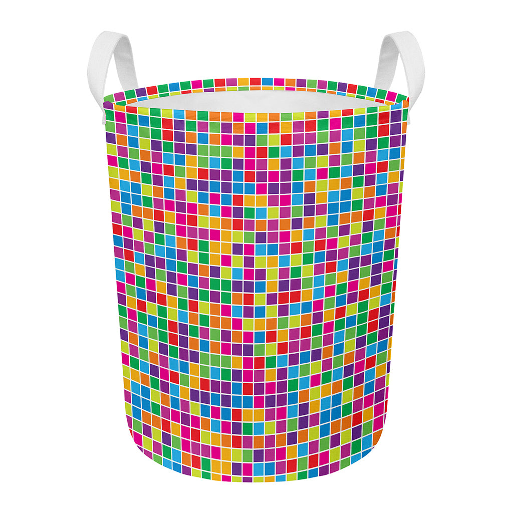 Rainbow Squares Pattern Print Round Laundry Basket