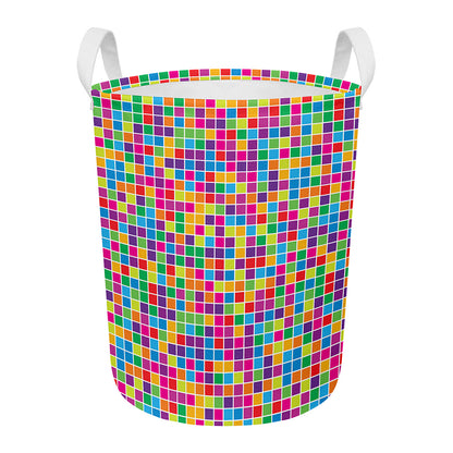 Rainbow Squares Pattern Print Round Laundry Basket