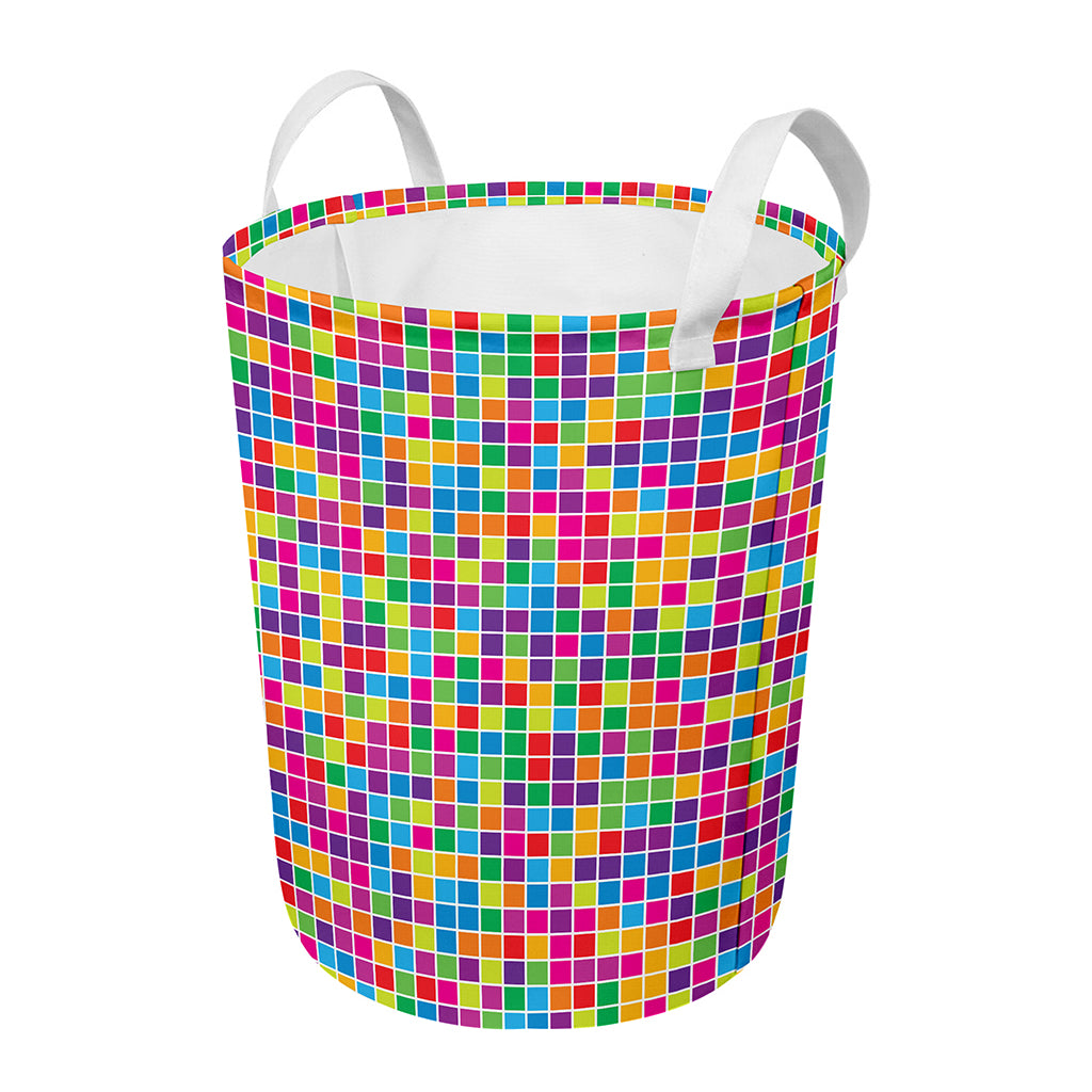 Rainbow Squares Pattern Print Round Laundry Basket