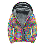 Rainbow Squares Pattern Print Sherpa Lined Zip Up Hoodie
