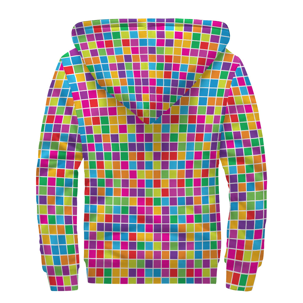 Rainbow Squares Pattern Print Sherpa Lined Zip Up Hoodie
