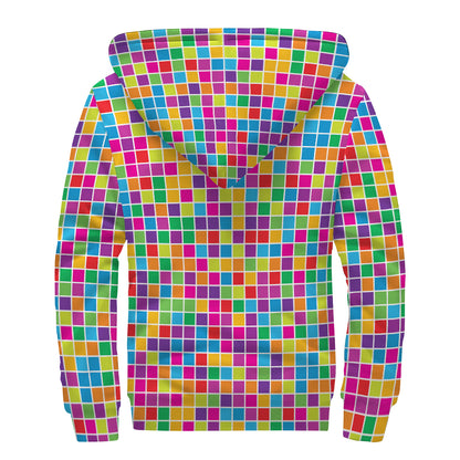 Rainbow Squares Pattern Print Sherpa Lined Zip Up Hoodie