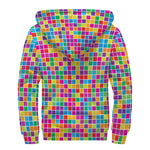 Rainbow Squares Pattern Print Sherpa Lined Zip Up Hoodie