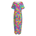 Rainbow Squares Pattern Print Short Sleeve Long Nightdress