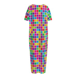 Rainbow Squares Pattern Print Short Sleeve Long Nightdress