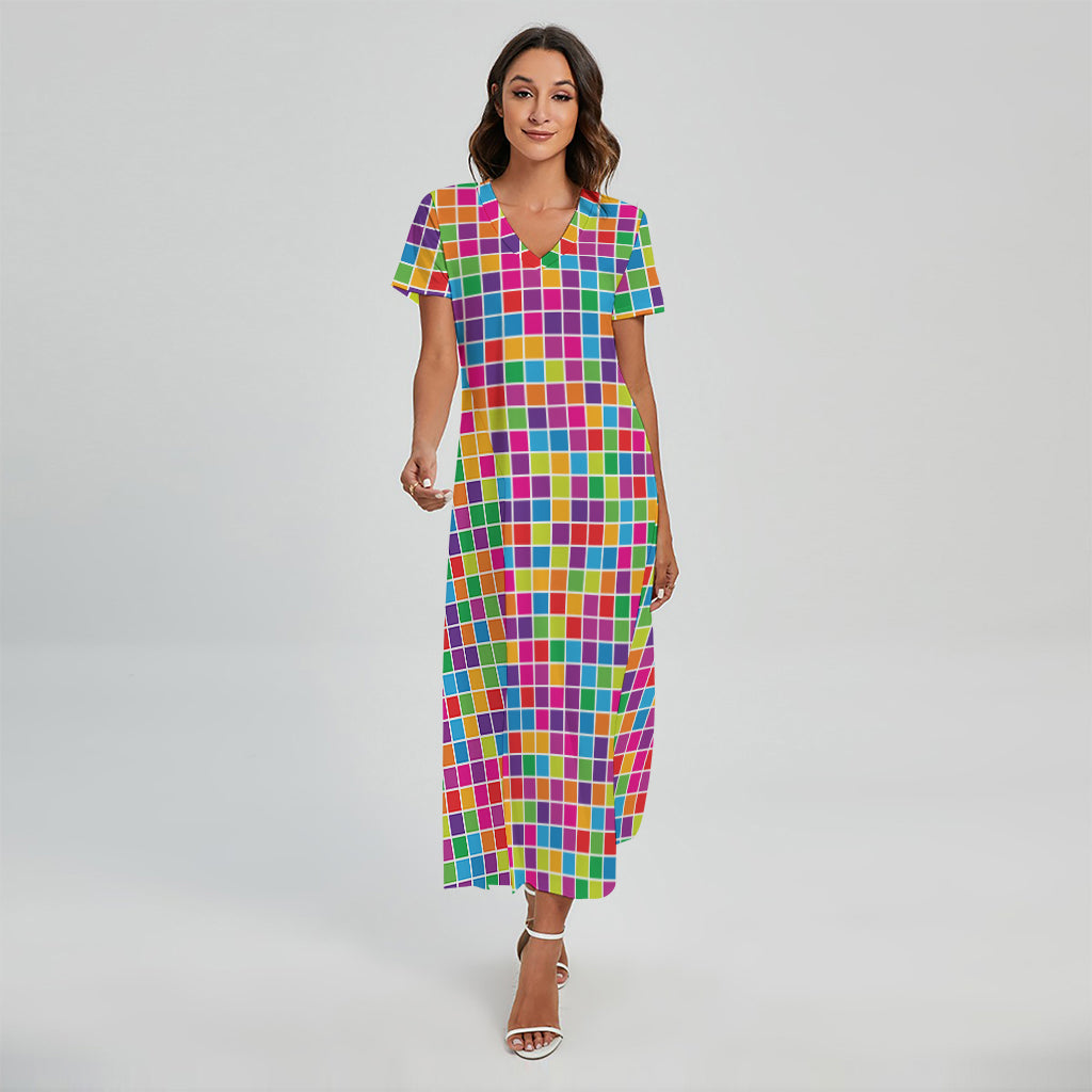 Rainbow Squares Pattern Print Short Sleeve Maxi Dress