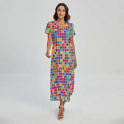 Rainbow Squares Pattern Print Short Sleeve Maxi Dress