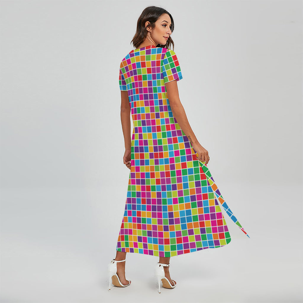 Rainbow Squares Pattern Print Short Sleeve Maxi Dress