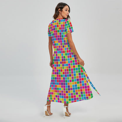 Rainbow Squares Pattern Print Short Sleeve Maxi Dress