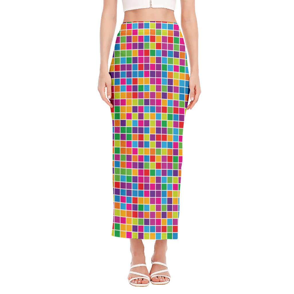 Rainbow Squares Pattern Print Side Slit Maxi Skirt