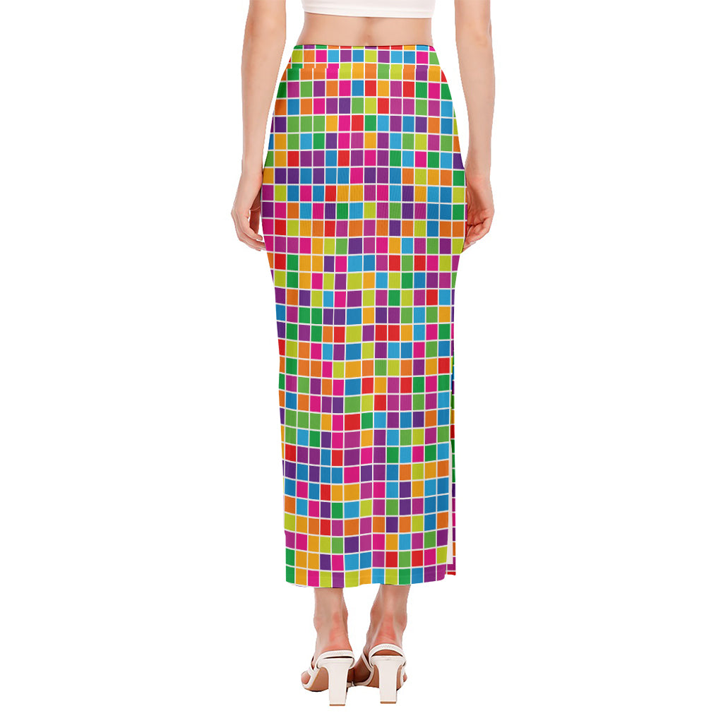 Rainbow Squares Pattern Print Side Slit Maxi Skirt