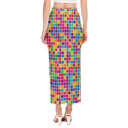Rainbow Squares Pattern Print Side Slit Maxi Skirt
