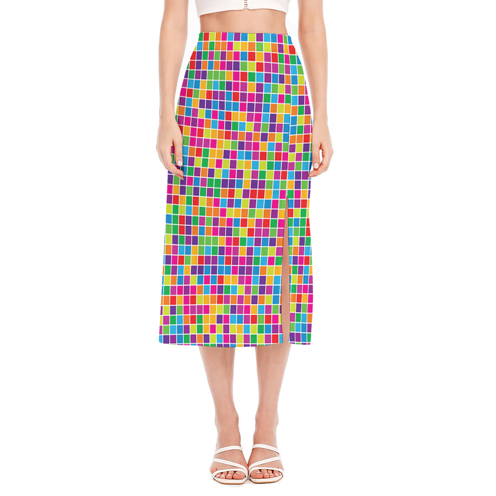 Rainbow Squares Pattern Print Side Slit Midi Skirt