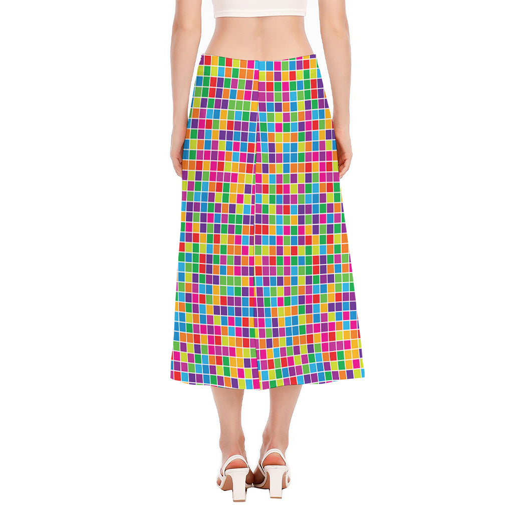 Rainbow Squares Pattern Print Side Slit Midi Skirt