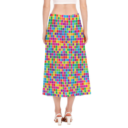 Rainbow Squares Pattern Print Side Slit Midi Skirt
