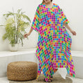 Rainbow Squares Pattern Print Silk V-Neck Kaftan Dress
