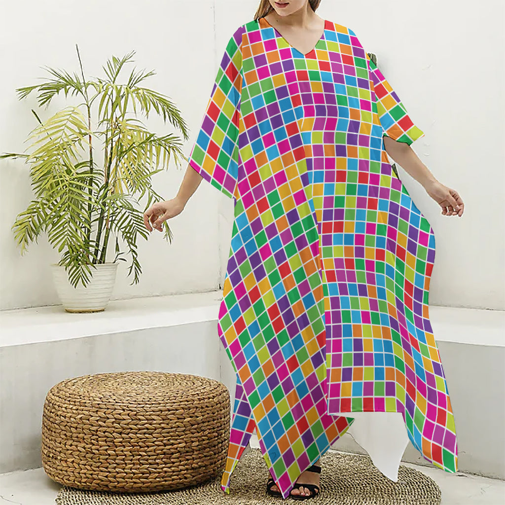 Rainbow Squares Pattern Print Silk V-Neck Kaftan Dress