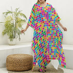 Rainbow Squares Pattern Print Silk V-Neck Kaftan Dress