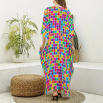 Rainbow Squares Pattern Print Silk V-Neck Kaftan Dress