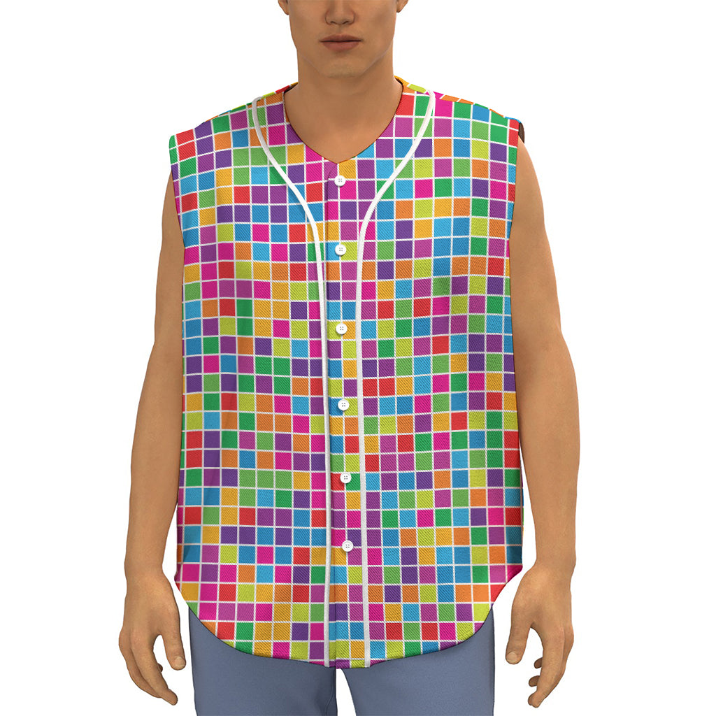 Rainbow Squares Pattern Print Sleeveless Baseball Jersey
