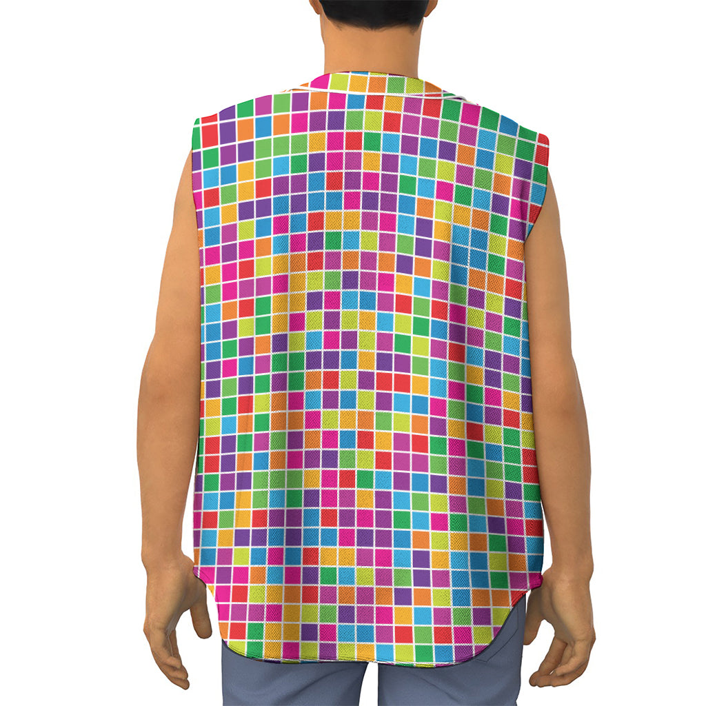 Rainbow Squares Pattern Print Sleeveless Baseball Jersey