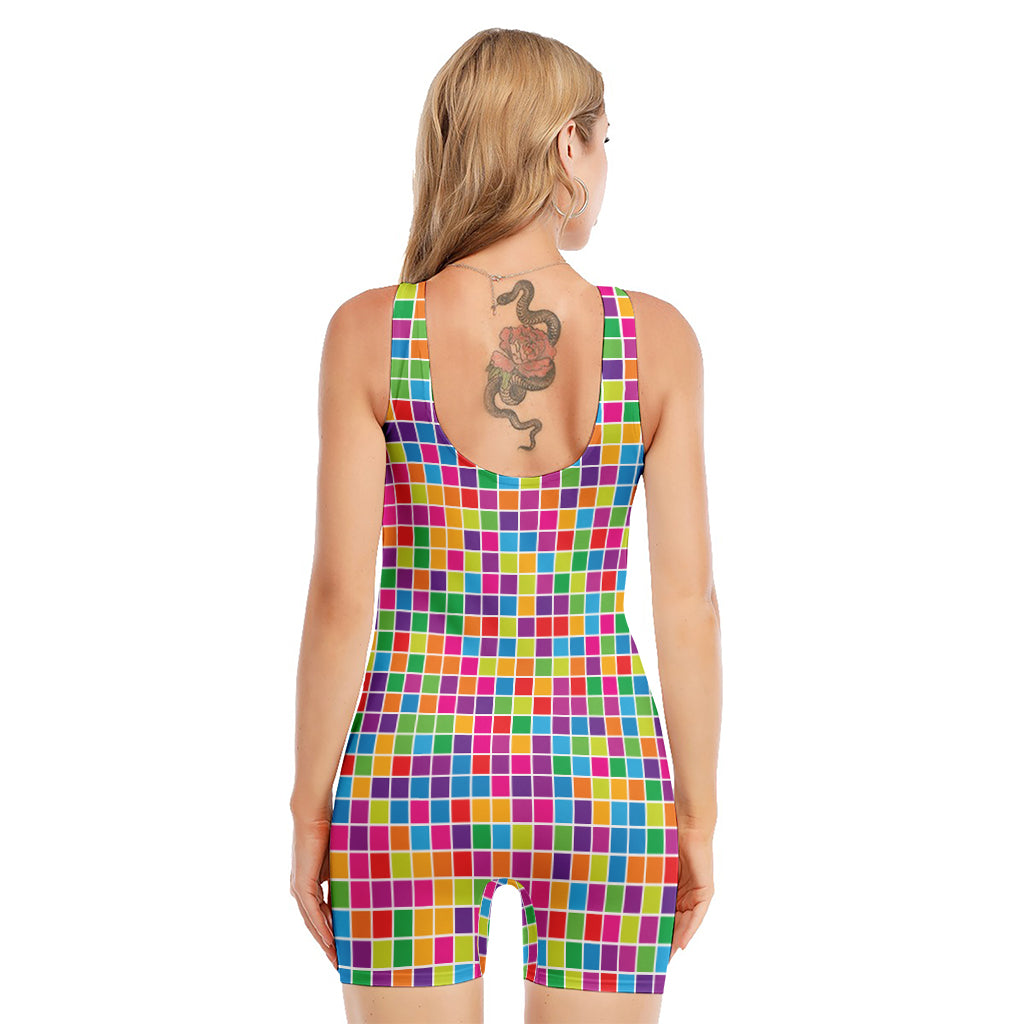 Rainbow Squares Pattern Print Sleeveless One Piece Swimsuit