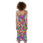 Rainbow Squares Pattern Print Slim Fit Midi Cami Dress