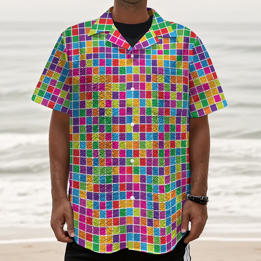 Rainbow Squares Pattern Print Textured Short Sleeve Shirt