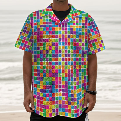Rainbow Squares Pattern Print Textured Short Sleeve Shirt