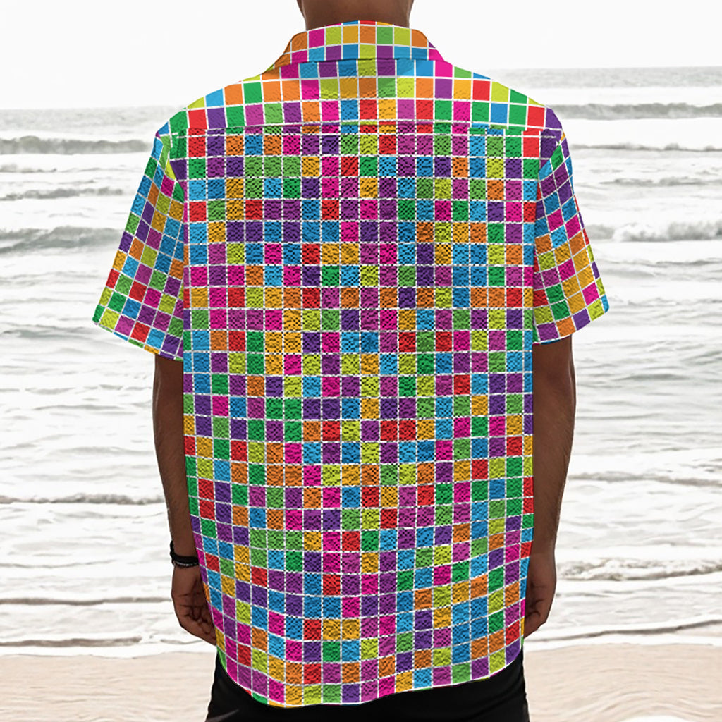Rainbow Squares Pattern Print Textured Short Sleeve Shirt