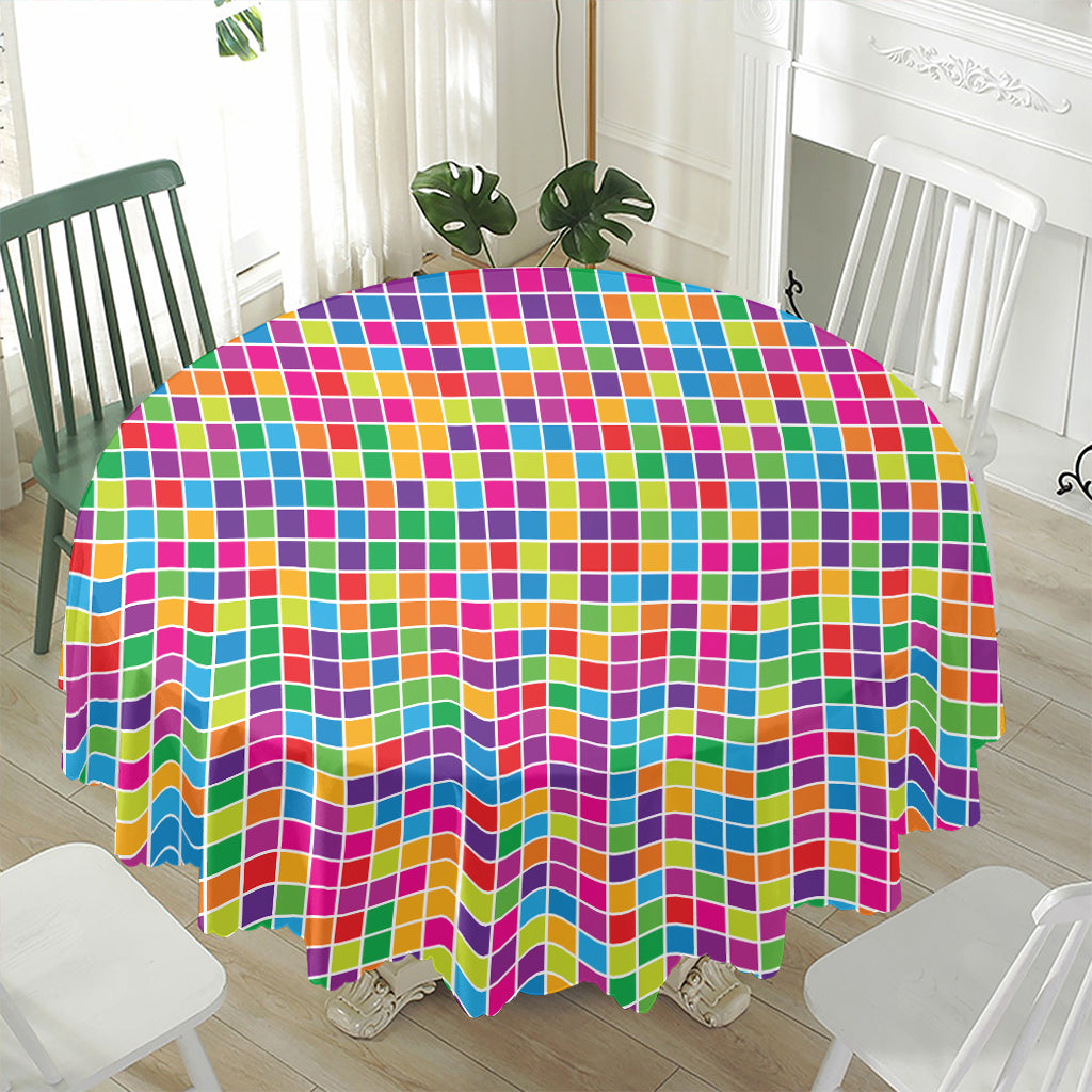 Rainbow Squares Pattern Print Waterproof Round Tablecloth