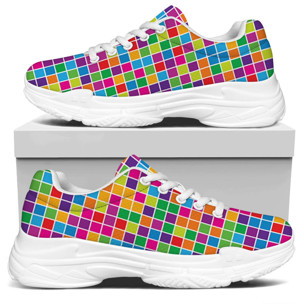 Rainbow Squares Pattern Print White Chunky Shoes