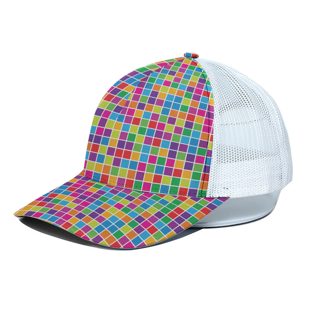 Rainbow Squares Pattern Print White Mesh Trucker Cap