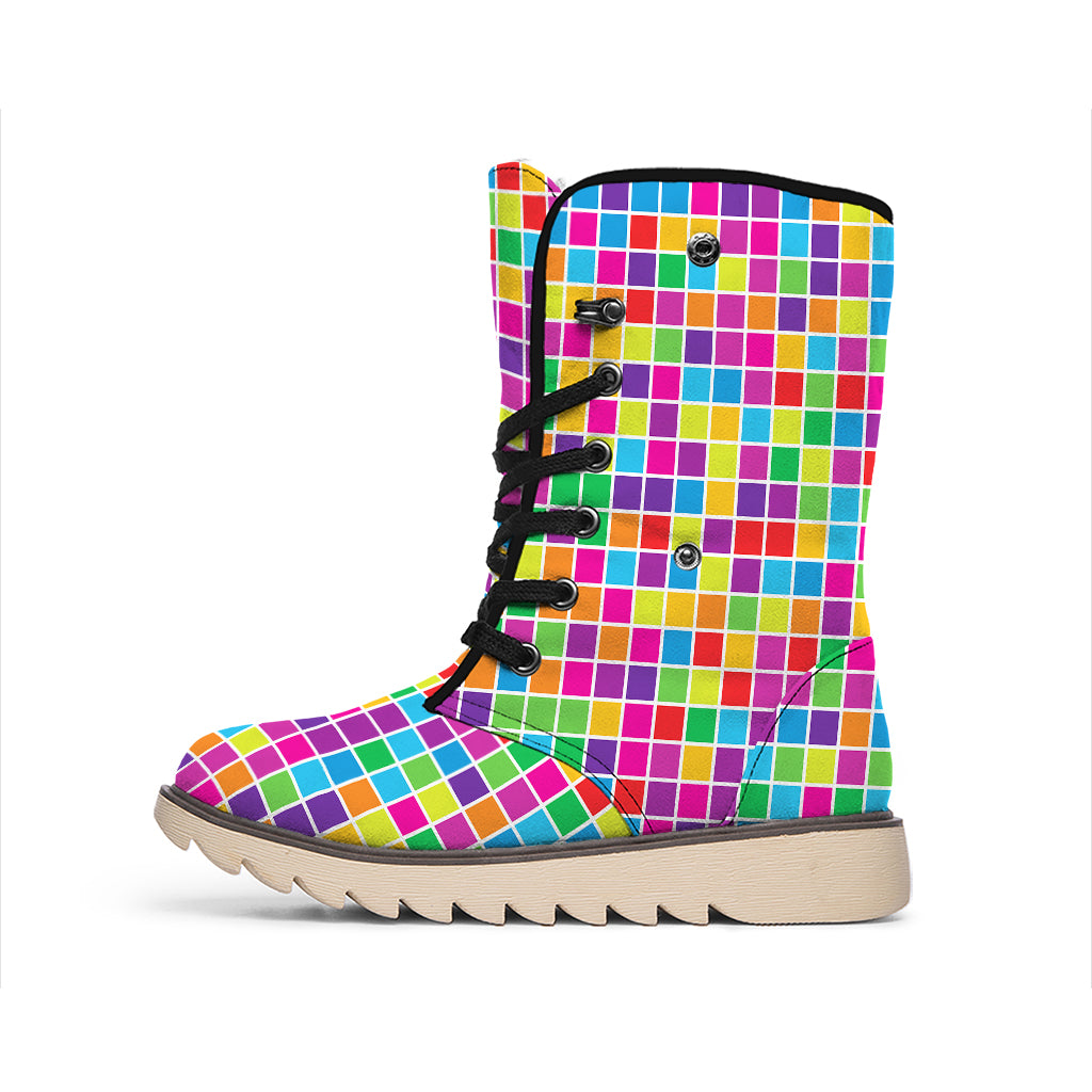 Rainbow Squares Pattern Print Winter Boots