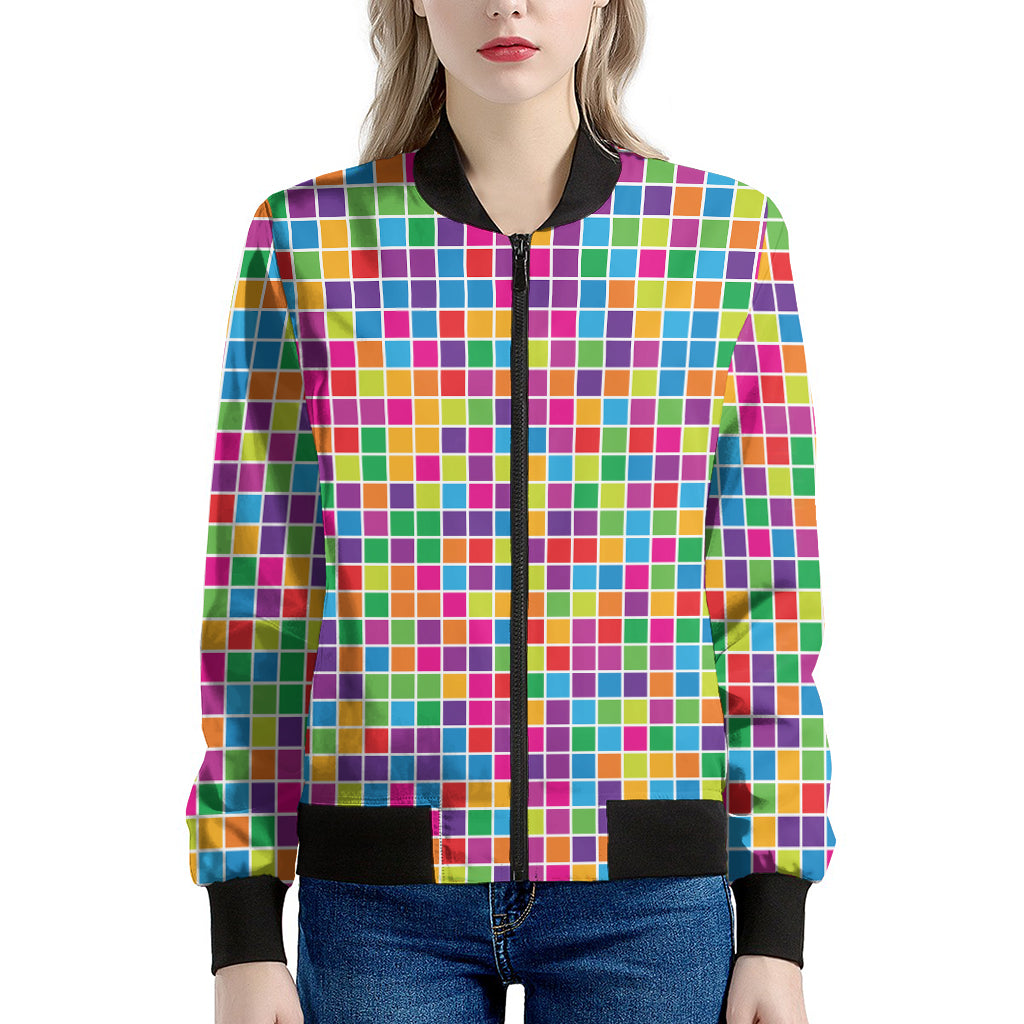 Rainbow Squares Pattern Print Women's Bomber Jacket
