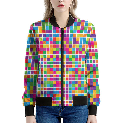 Rainbow Squares Pattern Print Women's Bomber Jacket