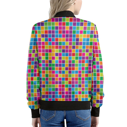 Rainbow Squares Pattern Print Women's Bomber Jacket