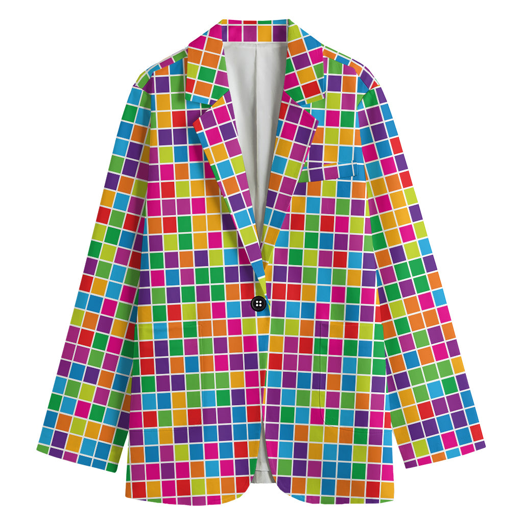 Rainbow Squares Pattern Print Women's Cotton Blazer