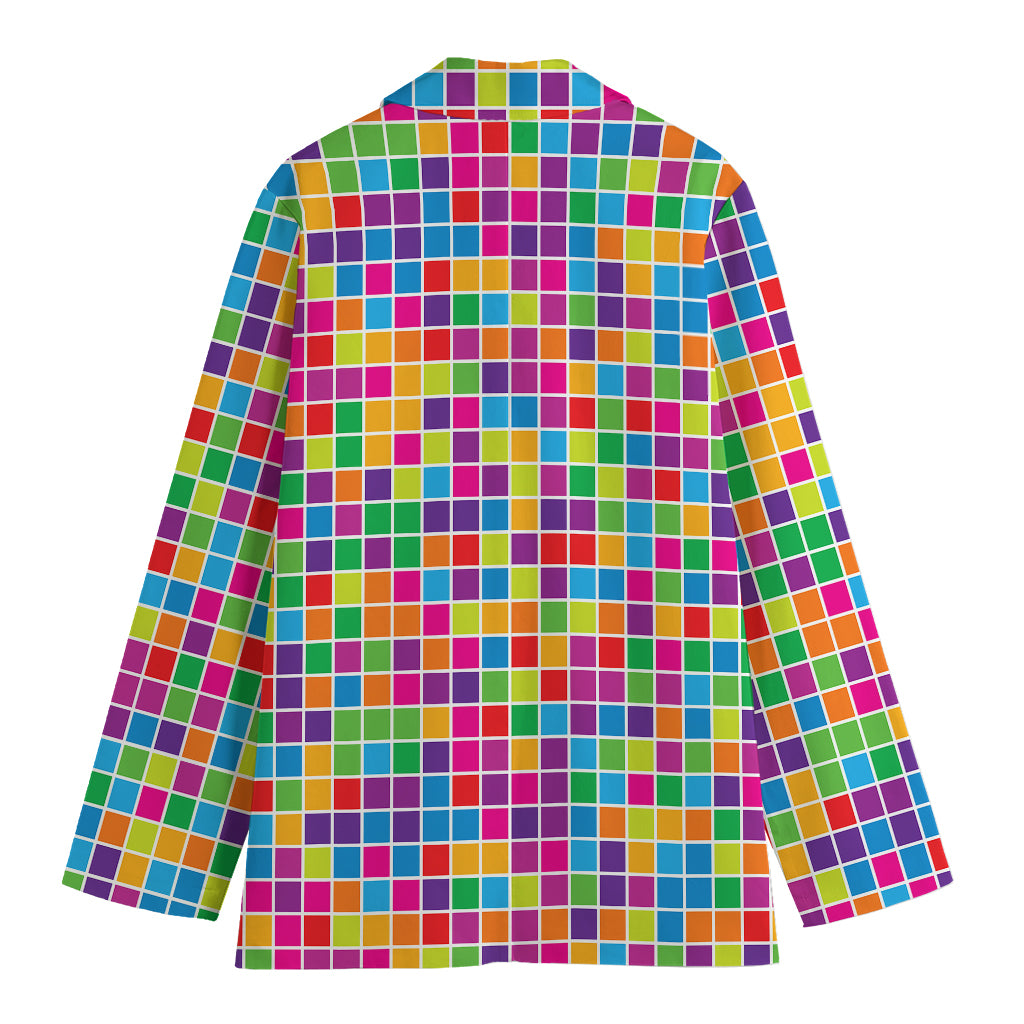 Rainbow Squares Pattern Print Women's Cotton Blazer