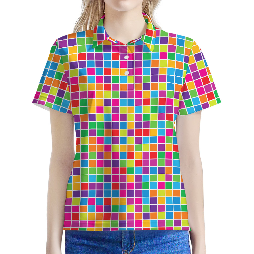 Rainbow Squares Pattern Print Women's Polo Shirt