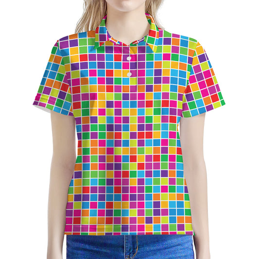 Rainbow Squares Pattern Print Women's Polo Shirt
