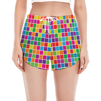 Rainbow Squares Pattern Print Women's Split Running Shorts